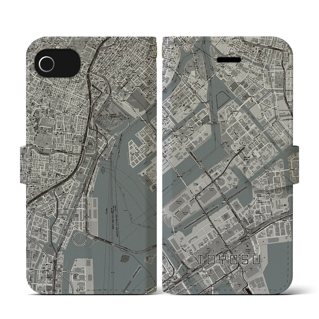【豊洲(東京都)】地図柄iPhoneケース(手帳タイプ)モノトーン・iPhone SE(第3 / 第2世代) / 8 / 7 / 6s / 6 用