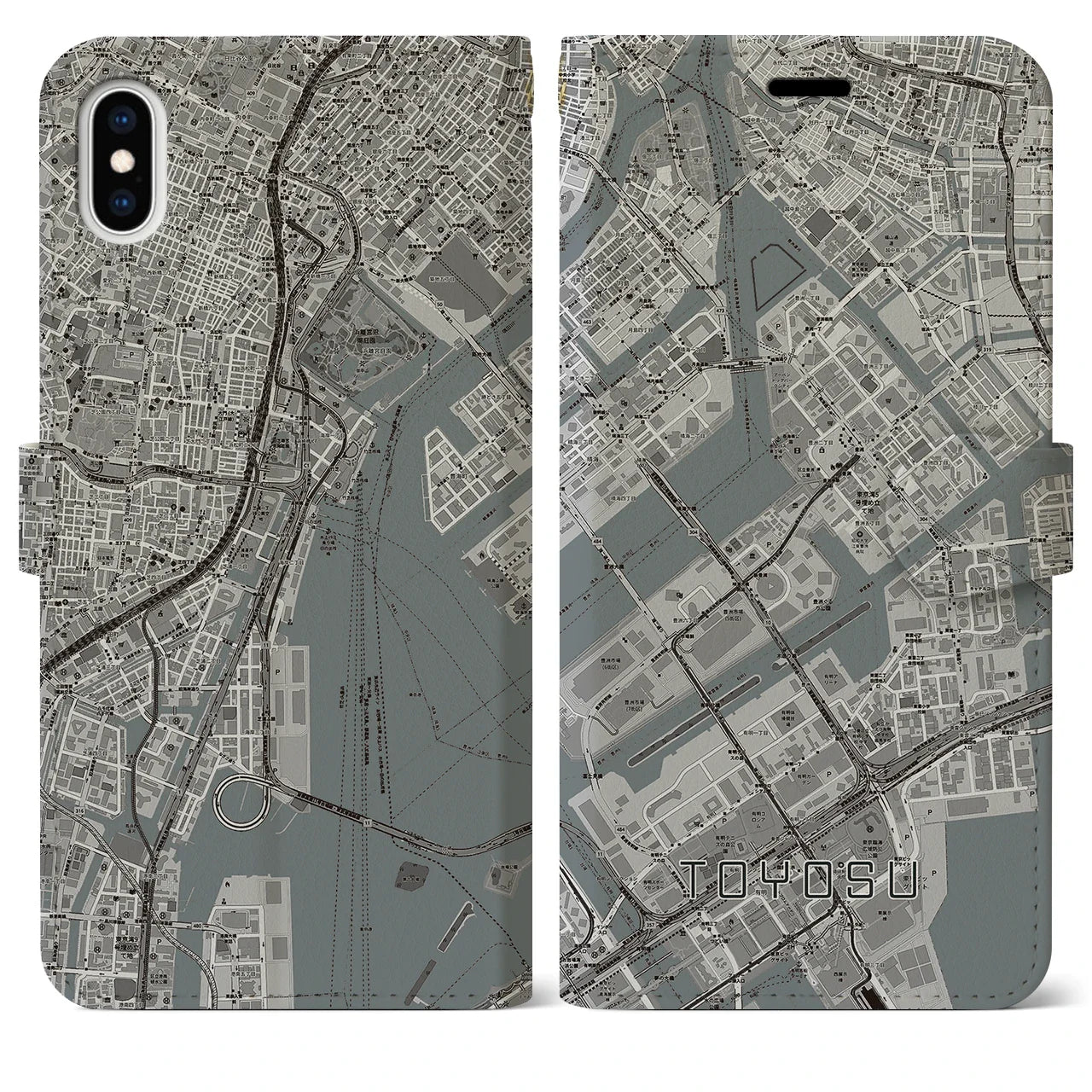 【豊洲(東京都)】地図柄iPhoneケース(手帳タイプ)モノトーン・iPhone XS Max 用