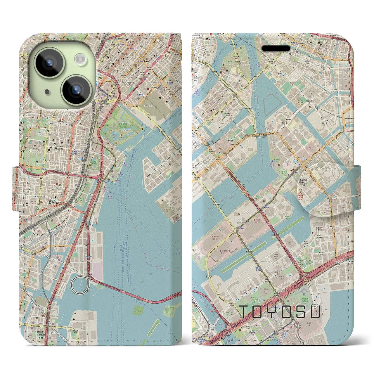 【豊洲(東京都)】地図柄iPhoneケース(手帳タイプ)ナチュラル・iPhone 15 用