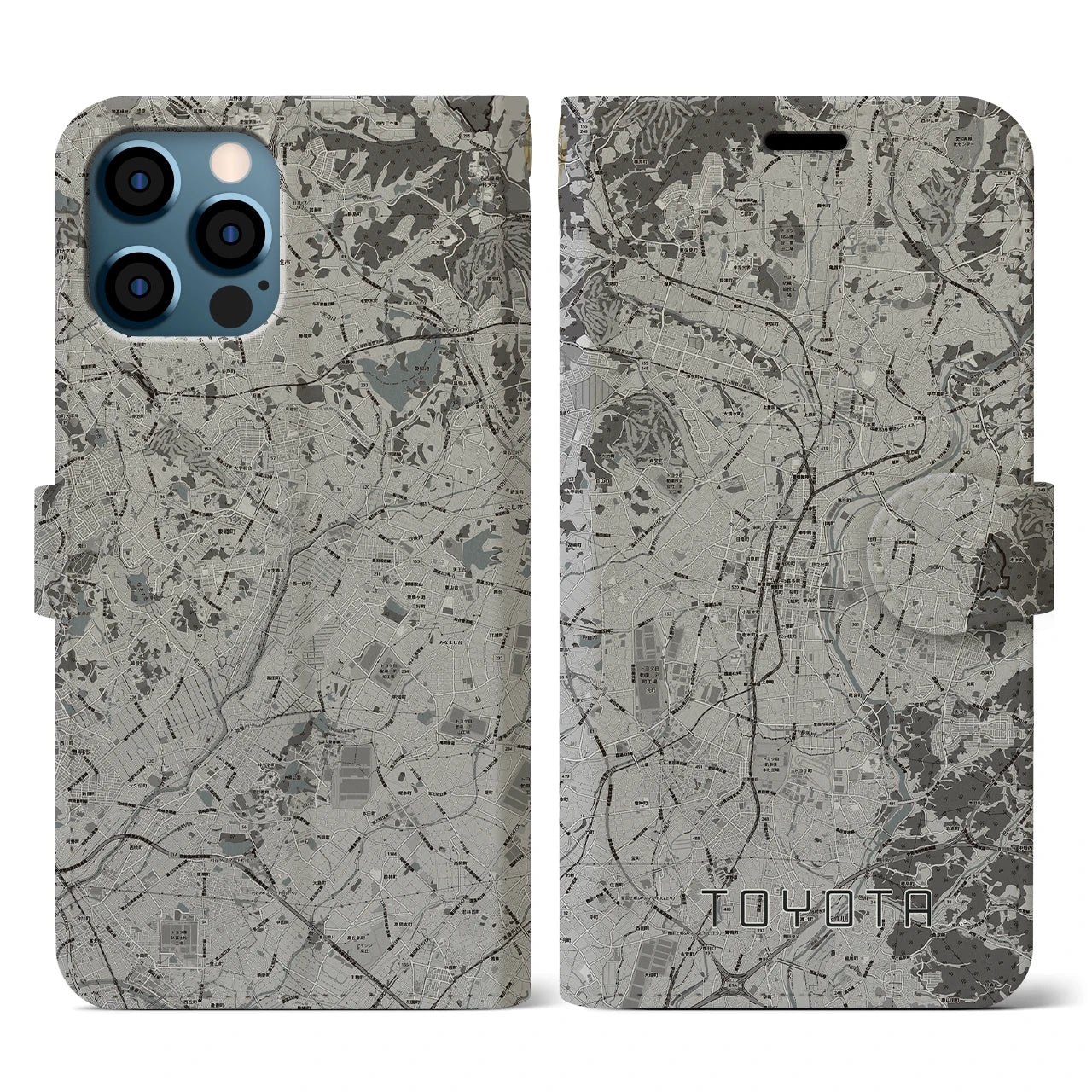 【豊田(愛知県)】地図柄iPhoneケース(手帳タイプ)モノトーン・iPhone 12 / 12 Pro 用