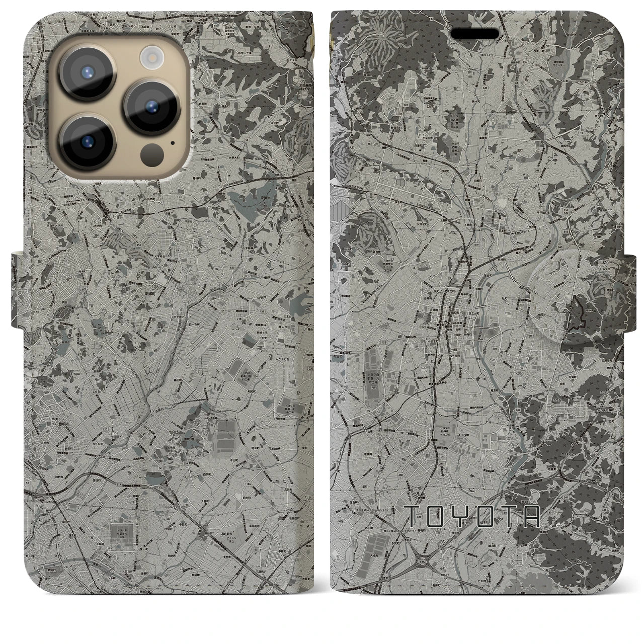 【豊田(愛知県)】地図柄iPhoneケース(手帳タイプ)モノトーン・iPhone 14 Pro Max 用