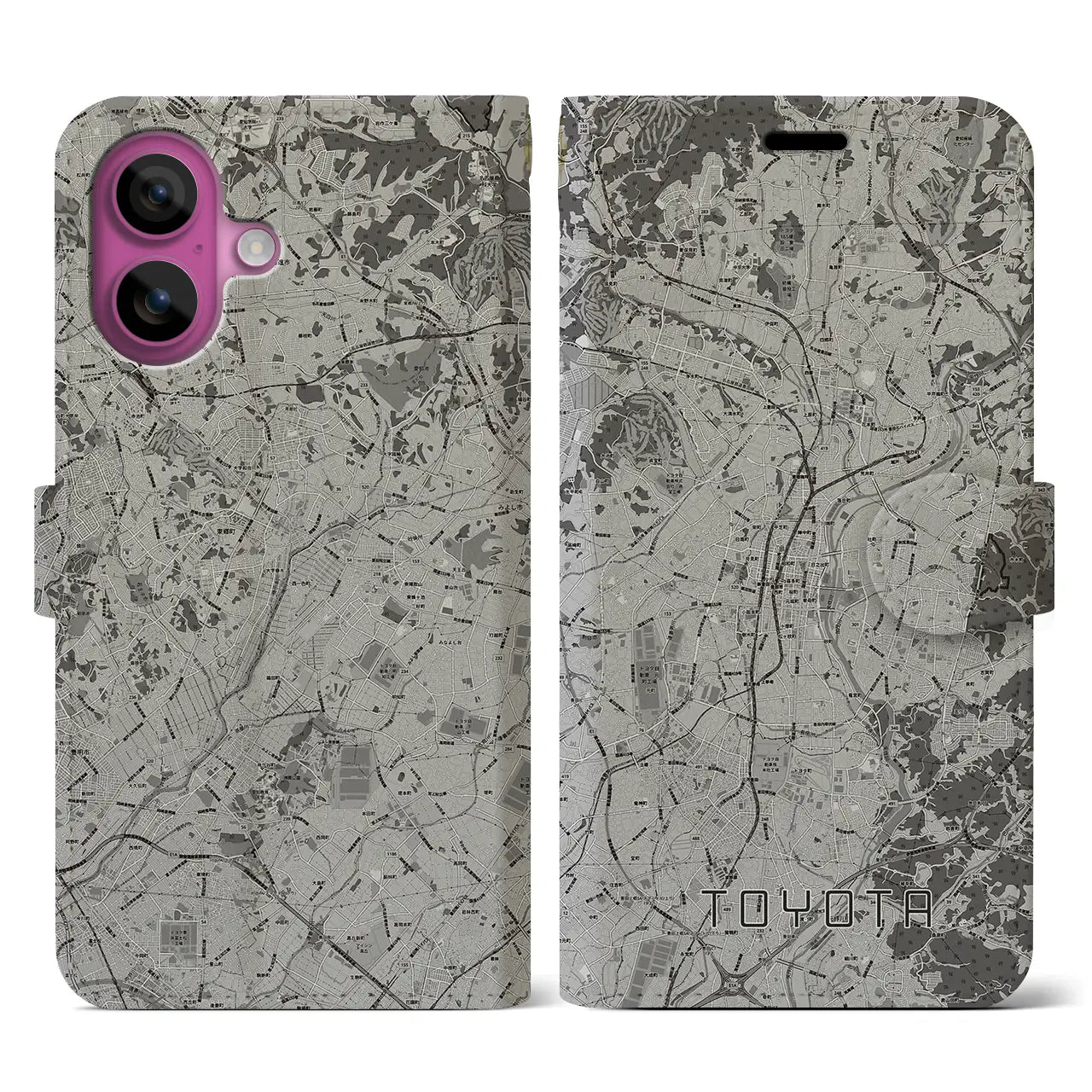 【豊田(愛知県)】地図柄iPhoneケース(手帳タイプ)モノトーン・iPhone 16 Pro 用