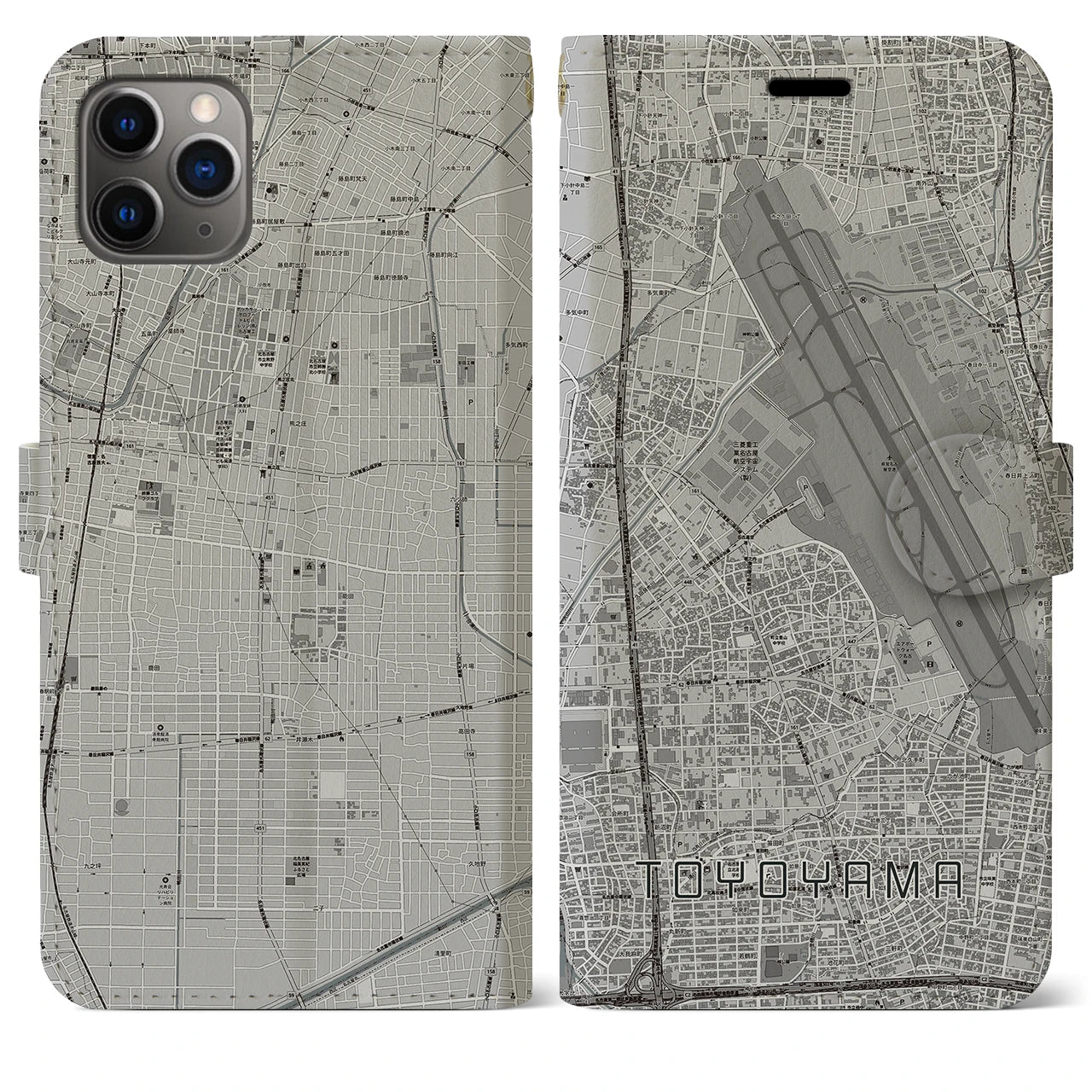 【豊山(愛知県)】地図柄iPhoneケース(手帳タイプ)モノトーン・iPhone 11 Pro Max 用