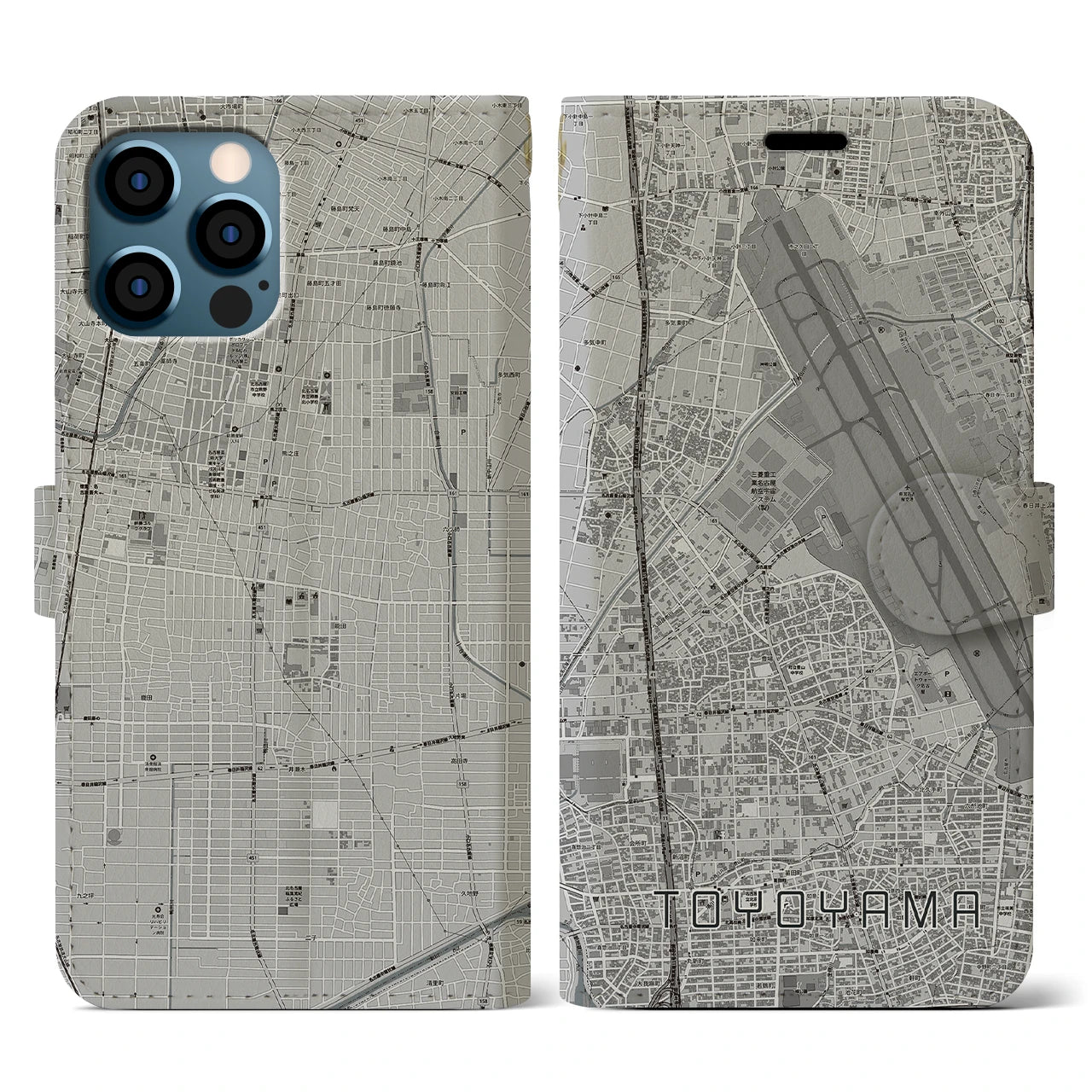 【豊山(愛知県)】地図柄iPhoneケース(手帳タイプ)モノトーン・iPhone 12 / 12 Pro 用