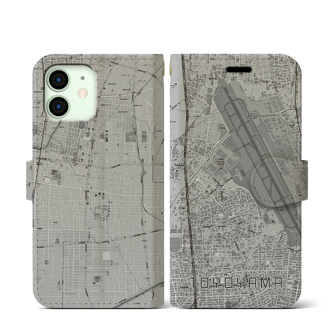 【豊山(愛知県)】地図柄iPhoneケース(手帳タイプ)モノトーン・iPhone 12 mini 用