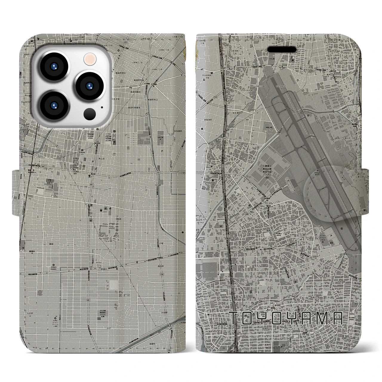 【豊山(愛知県)】地図柄iPhoneケース(手帳タイプ)モノトーン・iPhone 13 Pro 用
