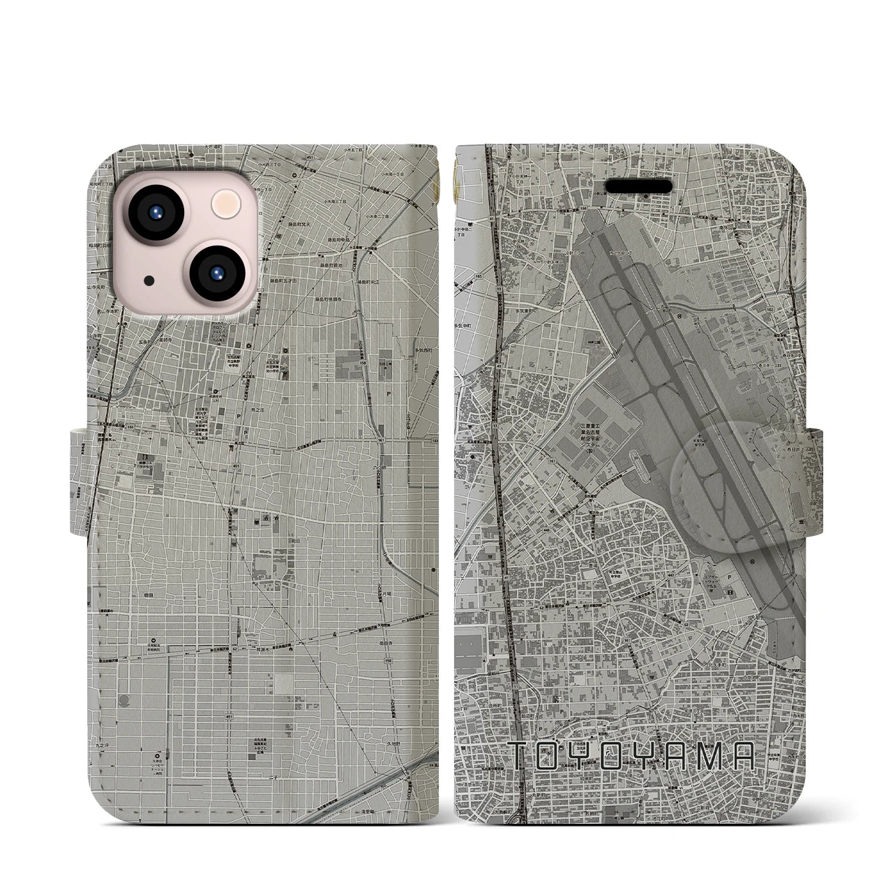 【豊山(愛知県)】地図柄iPhoneケース(手帳タイプ)モノトーン・iPhone 13 mini 用