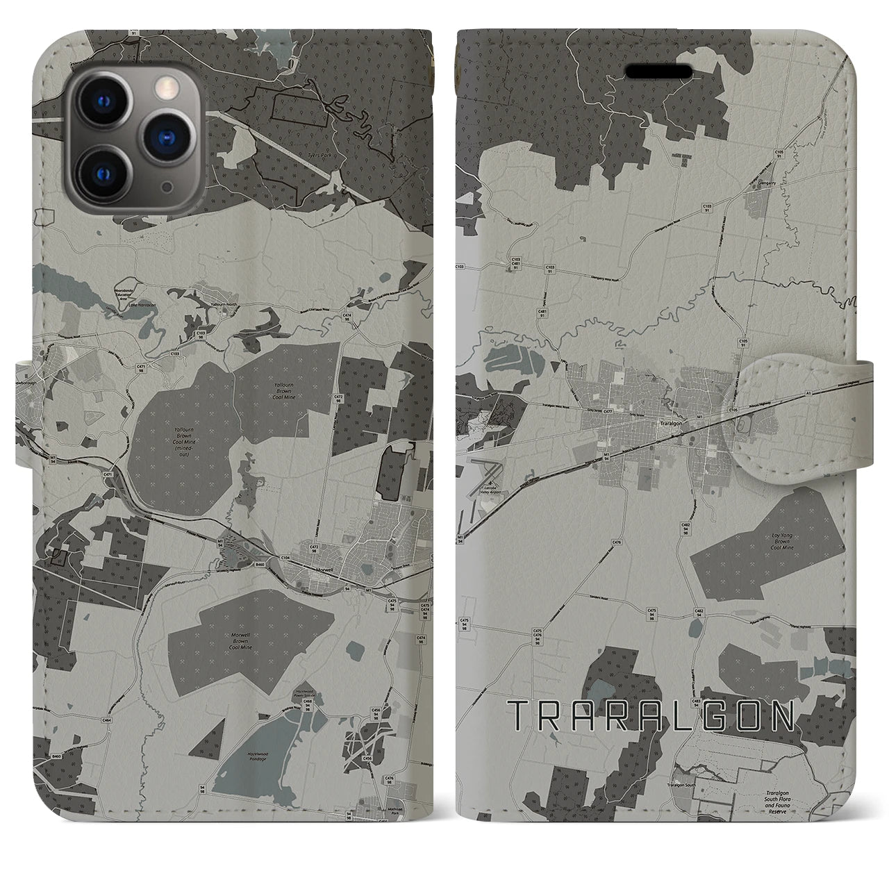 【トララルゴン(オーストラリア)】地図柄iPhoneケース(手帳タイプ)モノトーン・iPhone 11 Pro Max 用