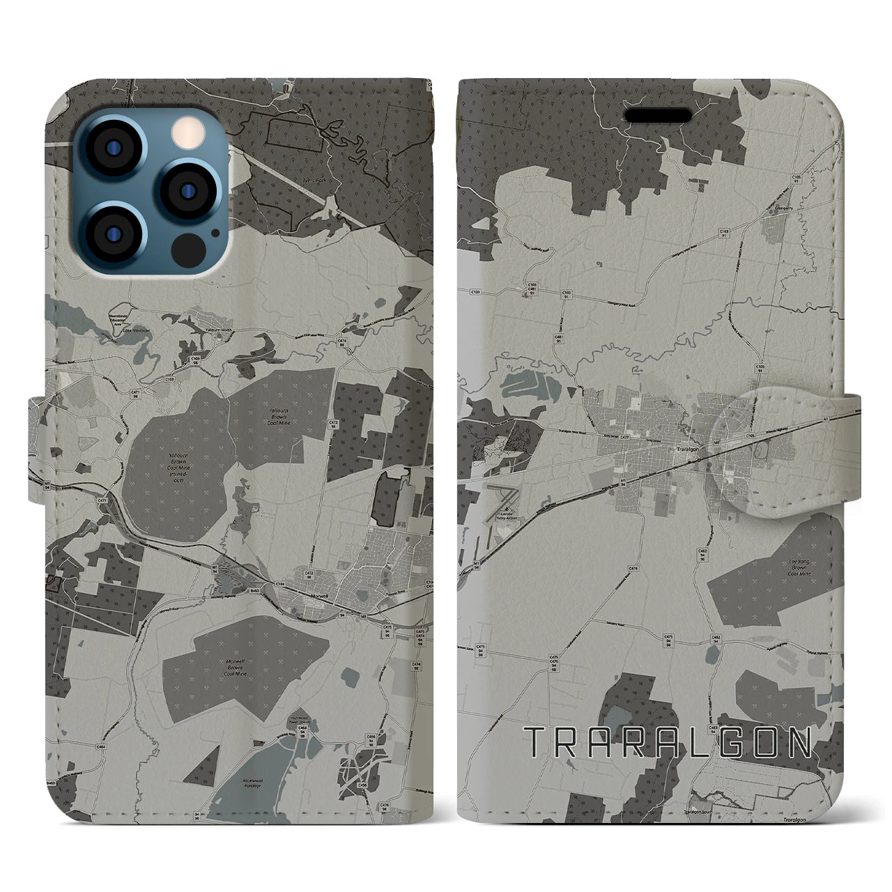 【トララルゴン(オーストラリア)】地図柄iPhoneケース(手帳タイプ)モノトーン・iPhone 12 / 12 Pro 用