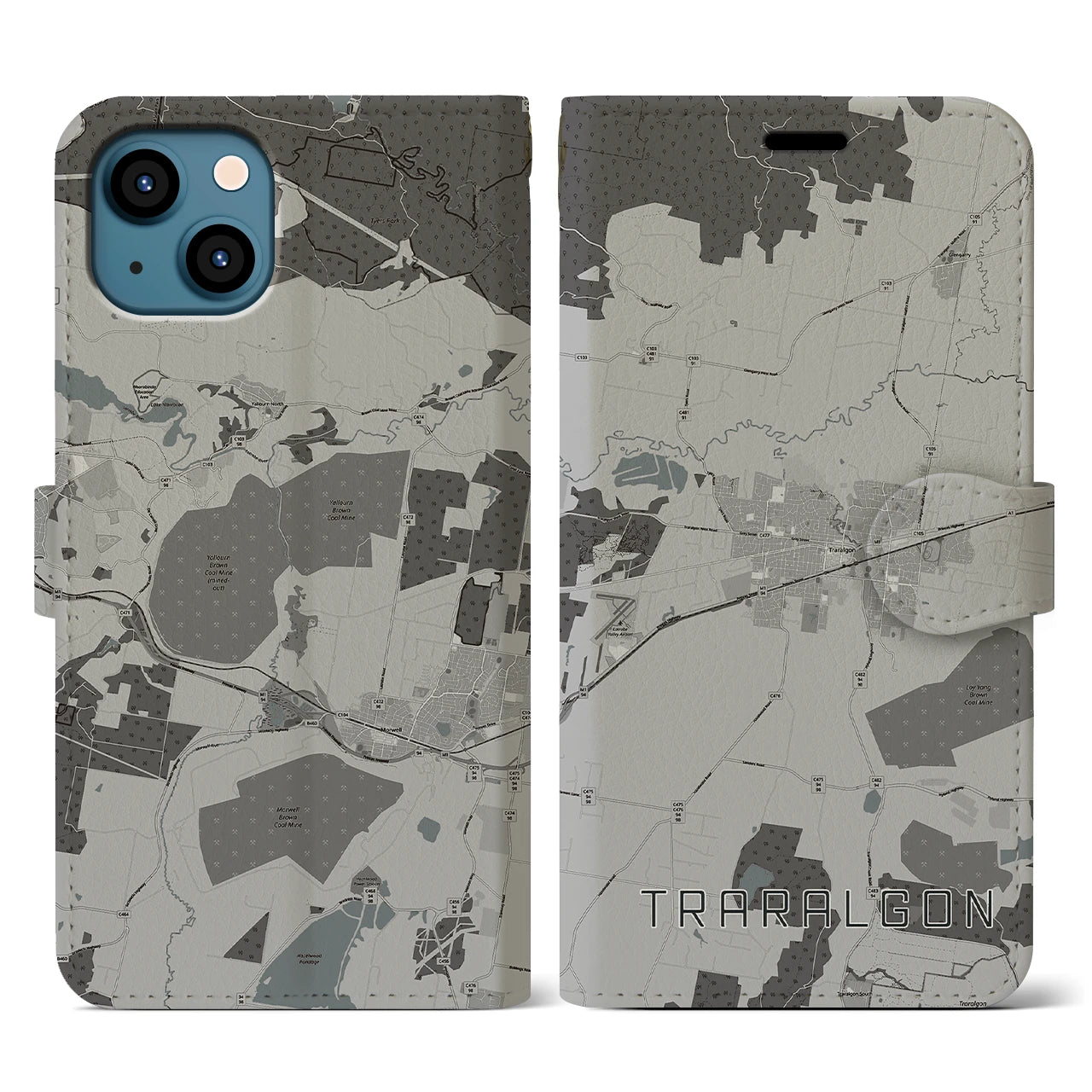 【トララルゴン(オーストラリア)】地図柄iPhoneケース(手帳タイプ)モノトーン・iPhone 13 用