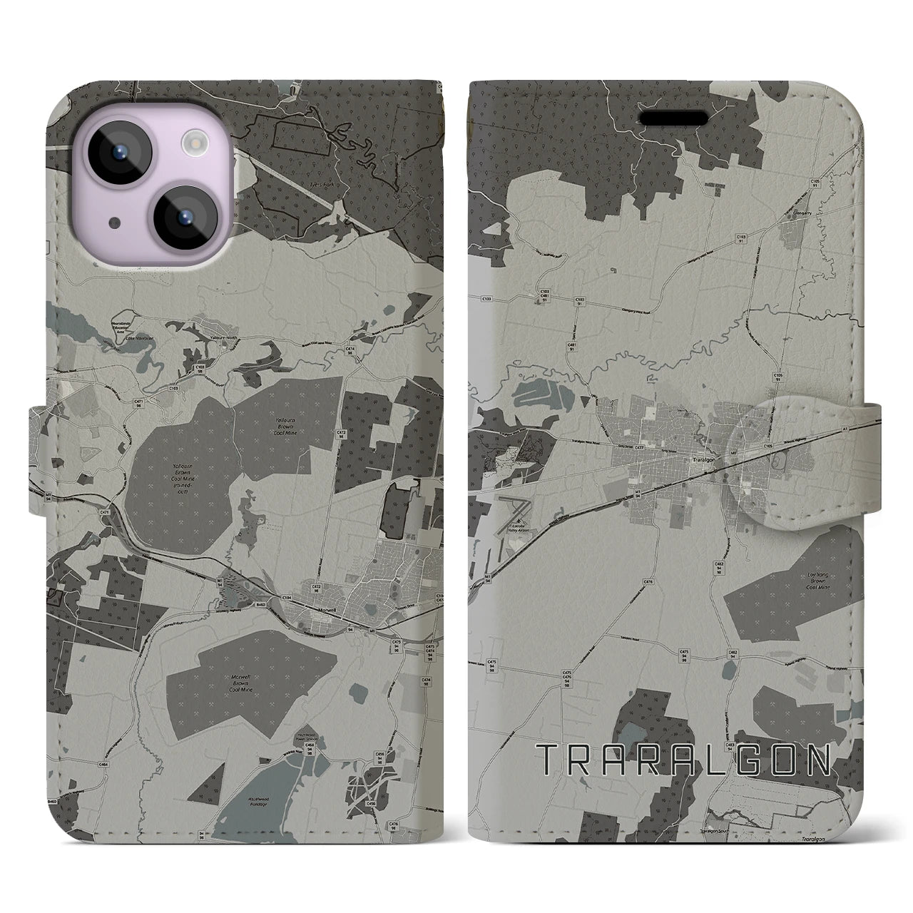 【トララルゴン(オーストラリア)】地図柄iPhoneケース(手帳タイプ)モノトーン・iPhone 14 用