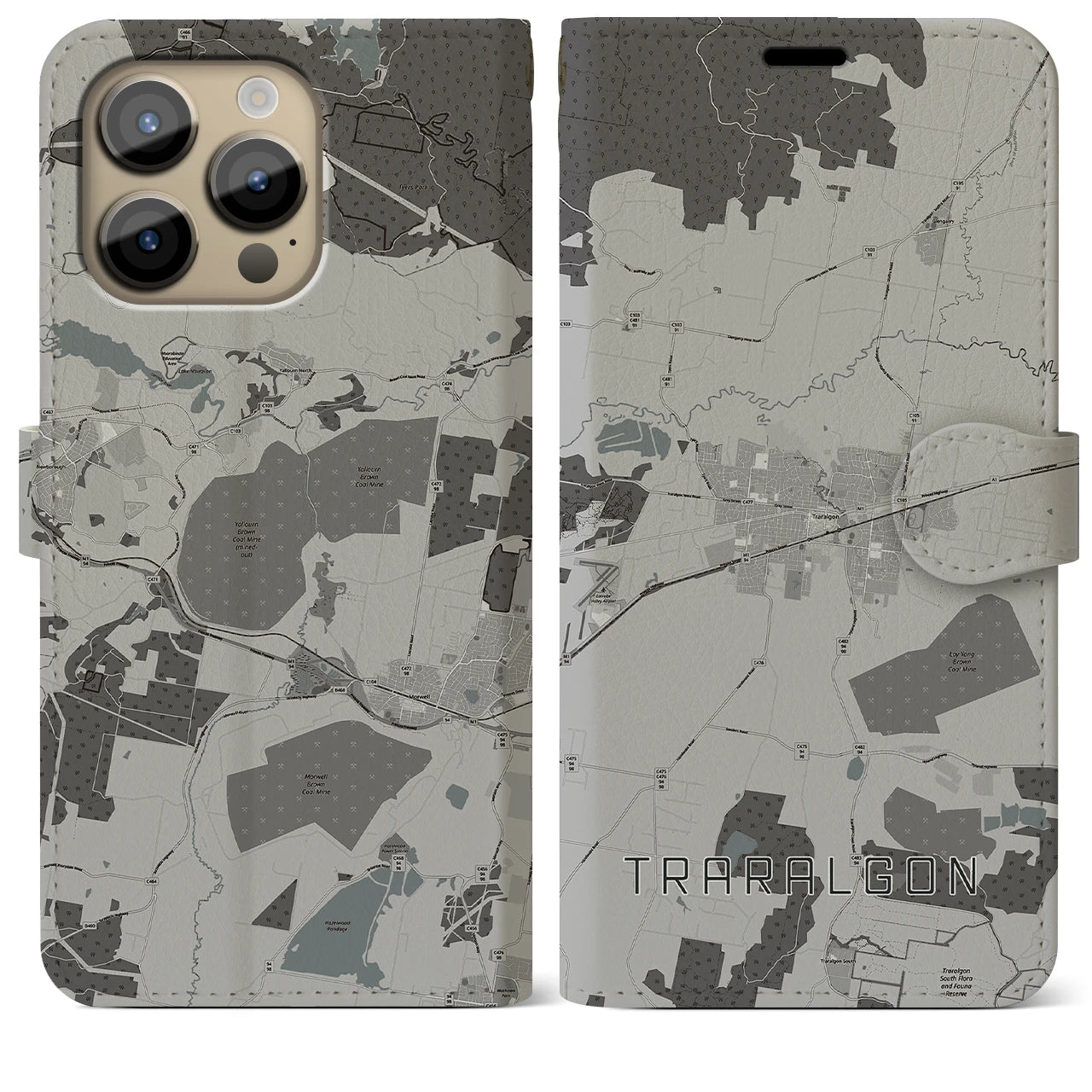 【トララルゴン(オーストラリア)】地図柄iPhoneケース(手帳タイプ)モノトーン・iPhone 14 Pro Max 用