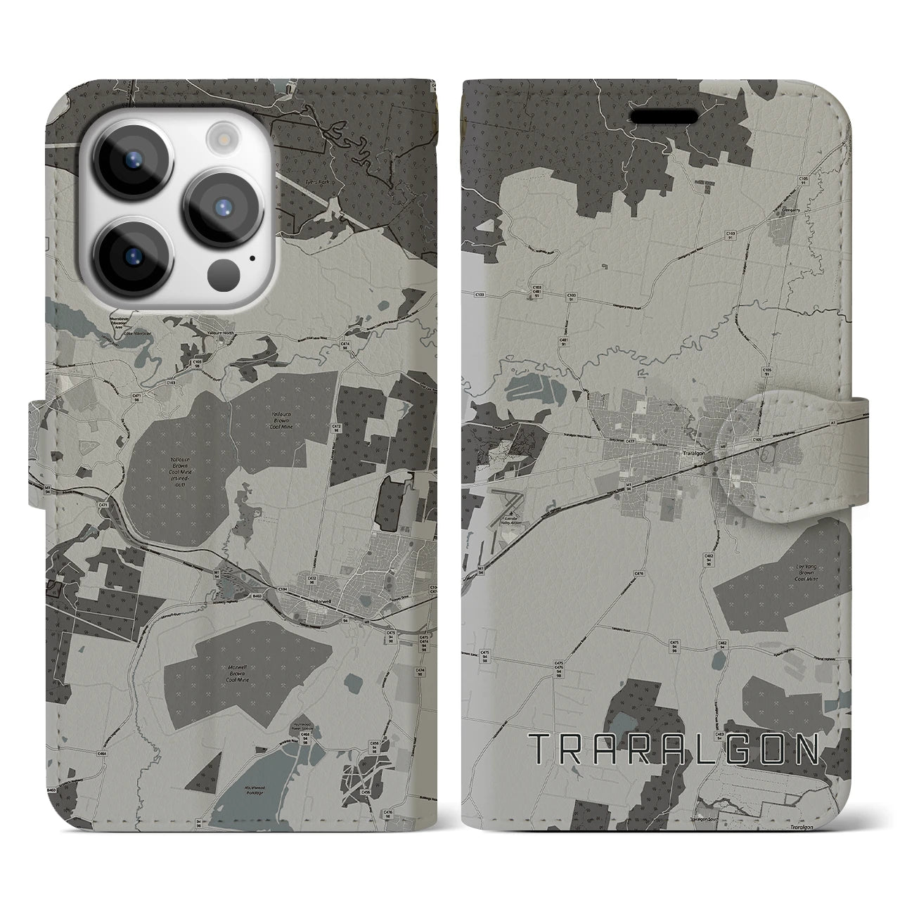 【トララルゴン(オーストラリア)】地図柄iPhoneケース(手帳タイプ)モノトーン・iPhone 14 Pro 用