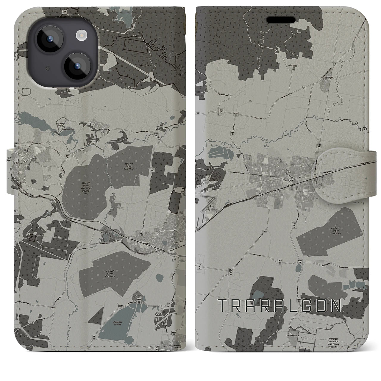 【トララルゴン(オーストラリア)】地図柄iPhoneケース(手帳タイプ)モノトーン・iPhone 14 Plus 用