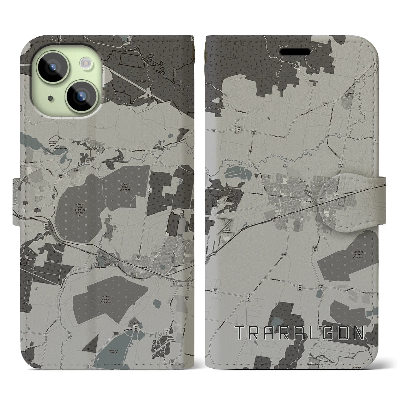 【トララルゴン(オーストラリア)】地図柄iPhoneケース(手帳タイプ)モノトーン・iPhone 15 用