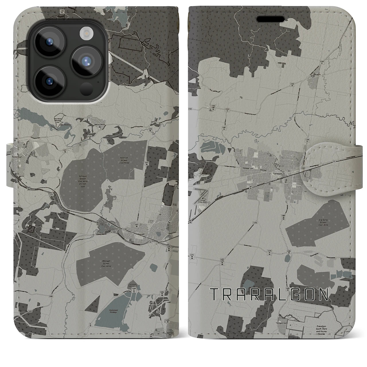 【トララルゴン(オーストラリア)】地図柄iPhoneケース(手帳タイプ)モノトーン・iPhone 15 Pro Max 用