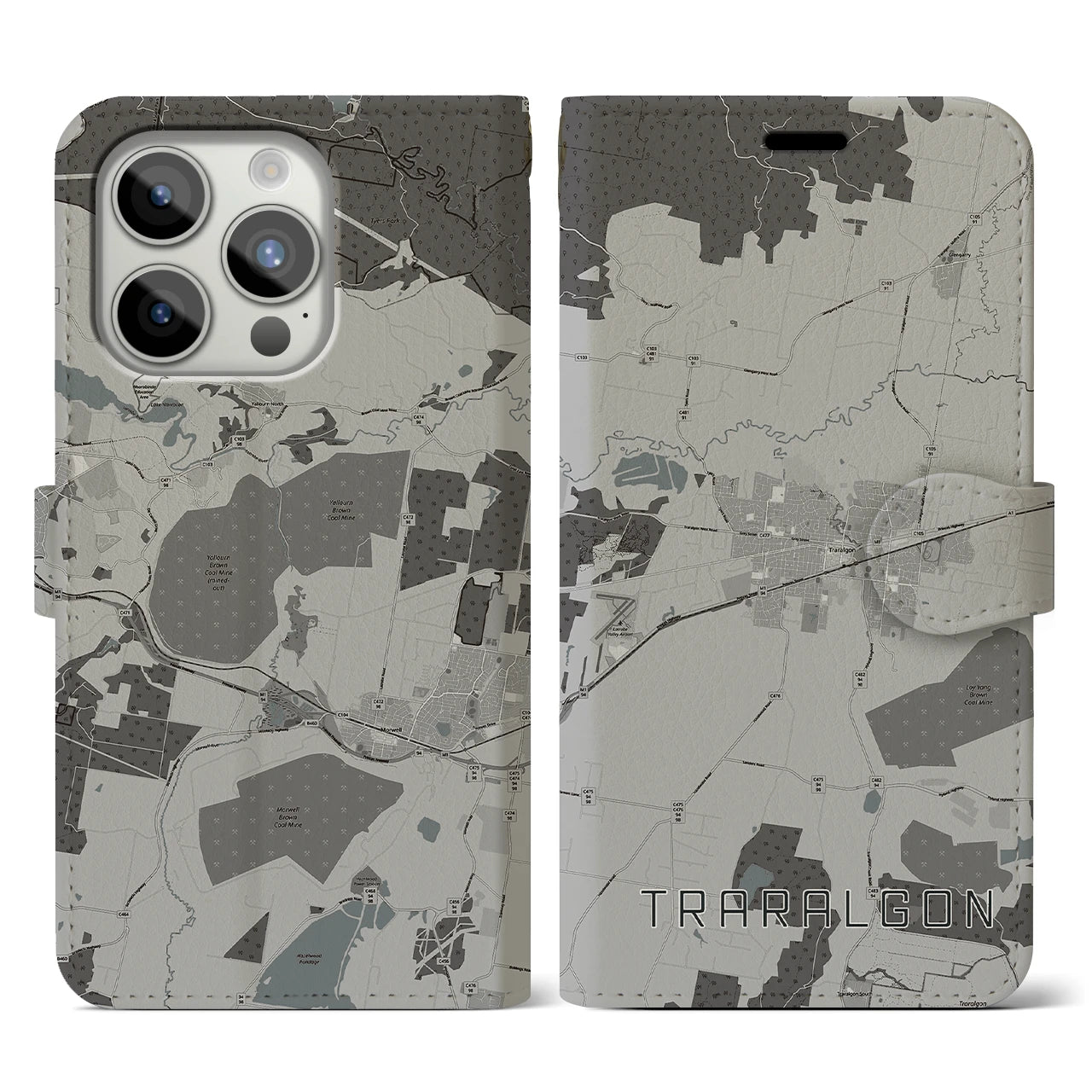 【トララルゴン(オーストラリア)】地図柄iPhoneケース(手帳タイプ)モノトーン・iPhone 15 Pro 用