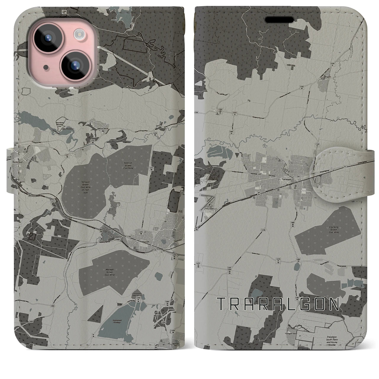 【トララルゴン(オーストラリア)】地図柄iPhoneケース(手帳タイプ)モノトーン・iPhone 15 Plus 用