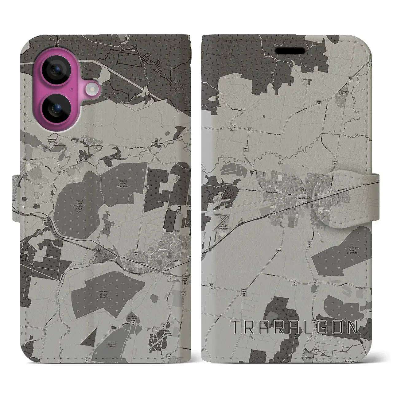 【トララルゴン(オーストラリア)】地図柄iPhoneケース(手帳タイプ)モノトーン・iPhone 16 Pro 用