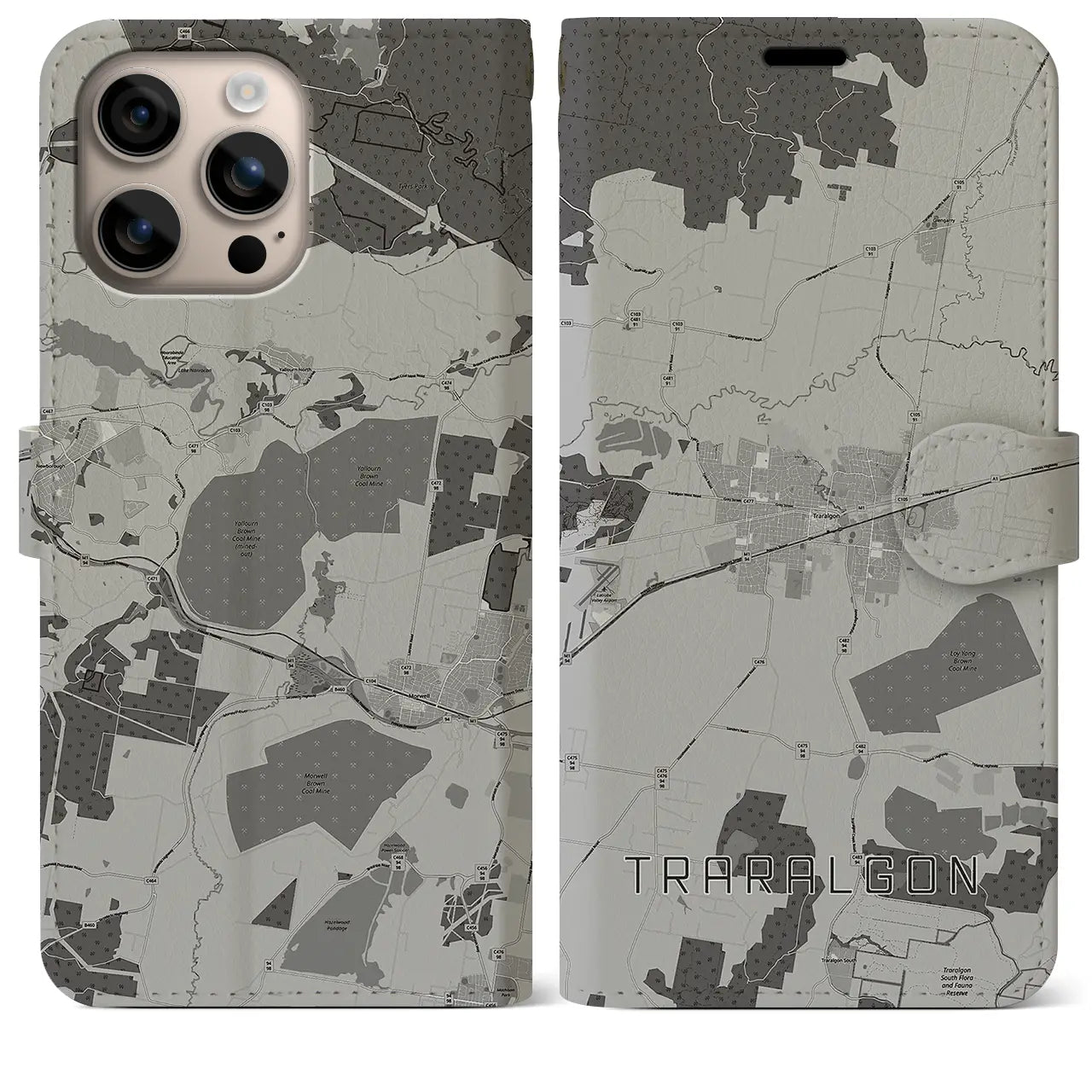 【トララルゴン(オーストラリア)】地図柄iPhoneケース(手帳タイプ)モノトーン・iPhone 16 Plus 用