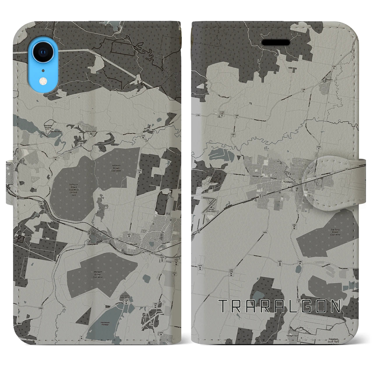 【トララルゴン(オーストラリア)】地図柄iPhoneケース(手帳タイプ)モノトーン・iPhone XR 用