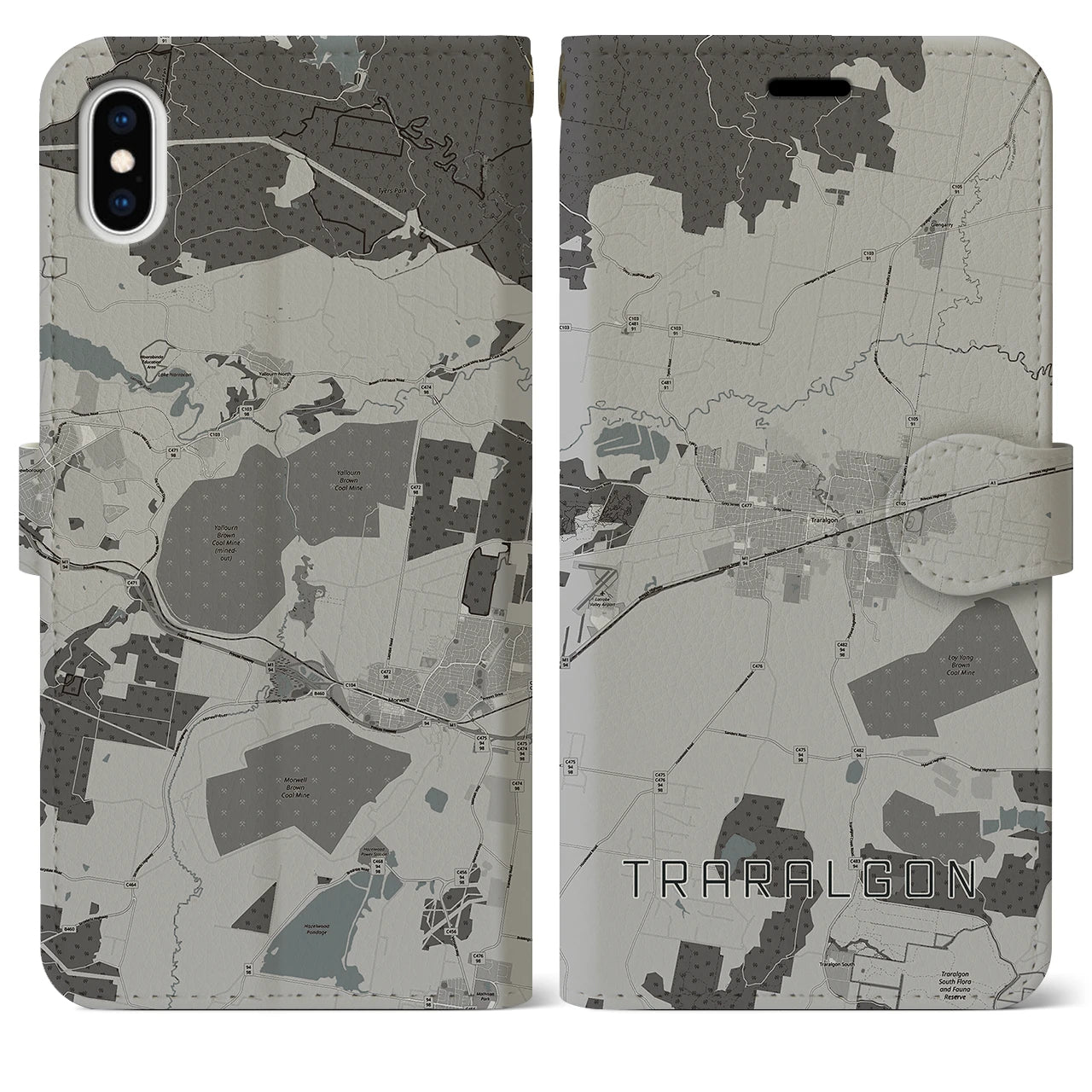 【トララルゴン(オーストラリア)】地図柄iPhoneケース(手帳タイプ)モノトーン・iPhone XS Max 用