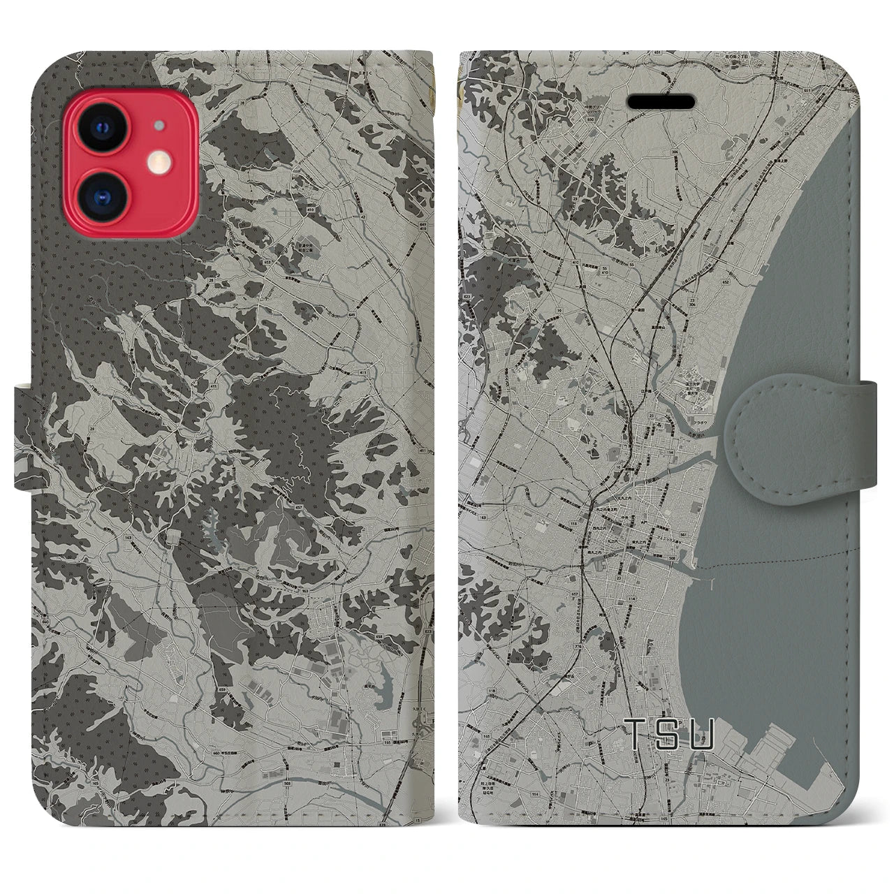 【津(三重県)】地図柄iPhoneケース(手帳タイプ)モノトーン・iPhone 11 用