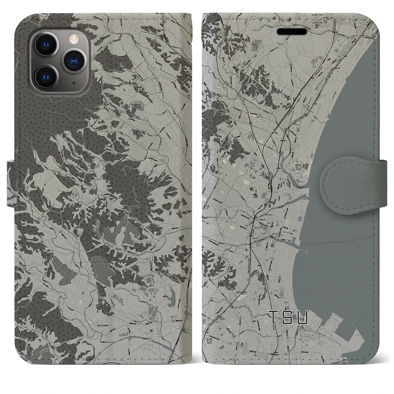 【津(三重県)】地図柄iPhoneケース(手帳タイプ)モノトーン・iPhone 11 Pro Max 用