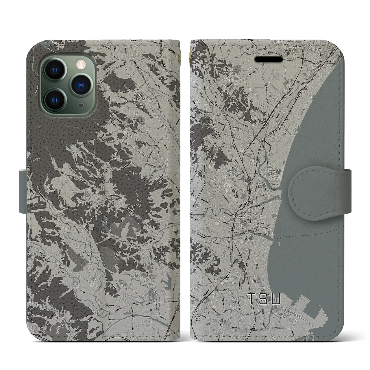 【津(三重県)】地図柄iPhoneケース(手帳タイプ)モノトーン・iPhone 11 Pro 用