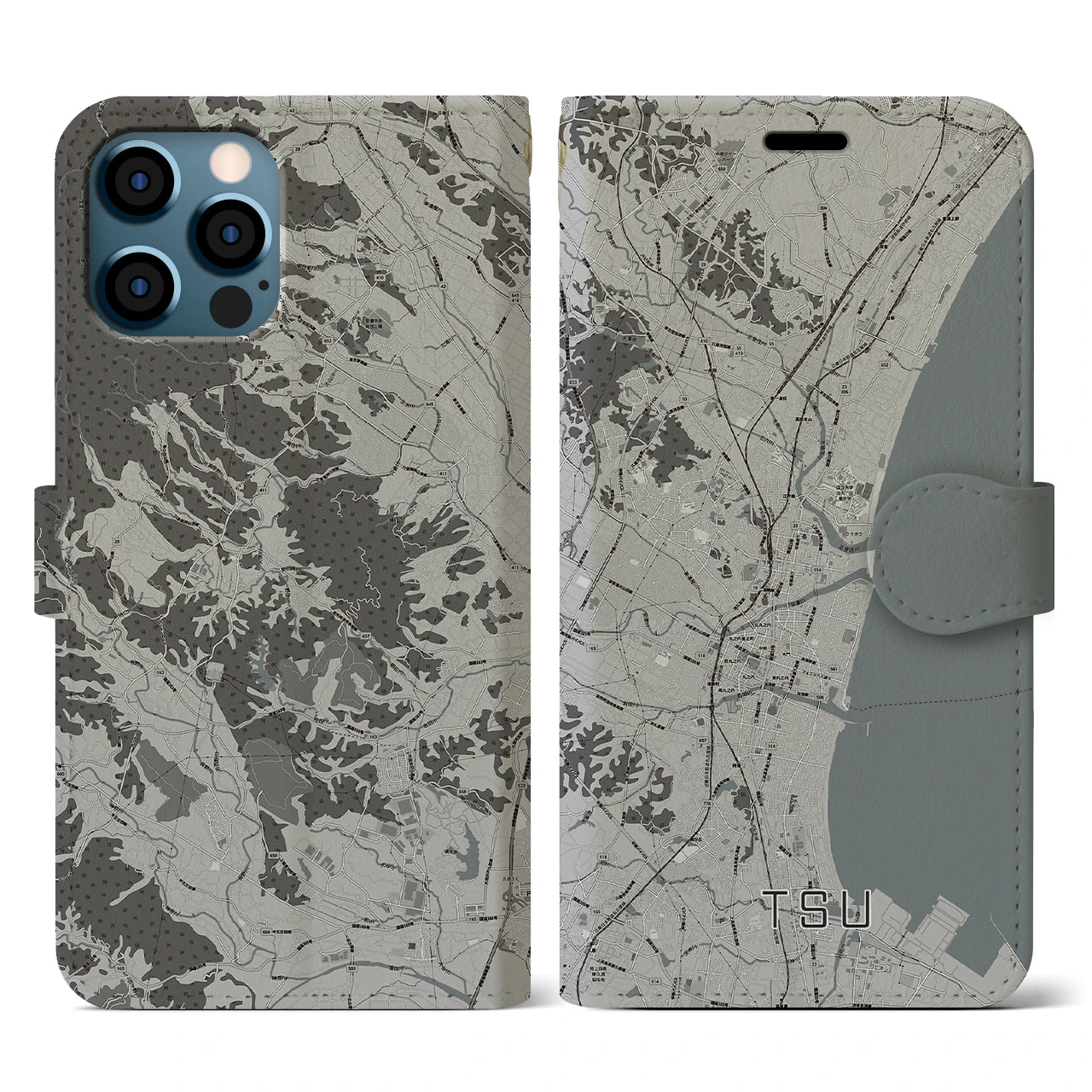 【津(三重県)】地図柄iPhoneケース(手帳タイプ)モノトーン・iPhone 12 / 12 Pro 用