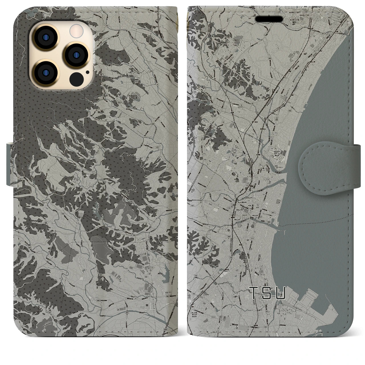 【津(三重県)】地図柄iPhoneケース(手帳タイプ)モノトーン・iPhone 12 Pro Max 用
