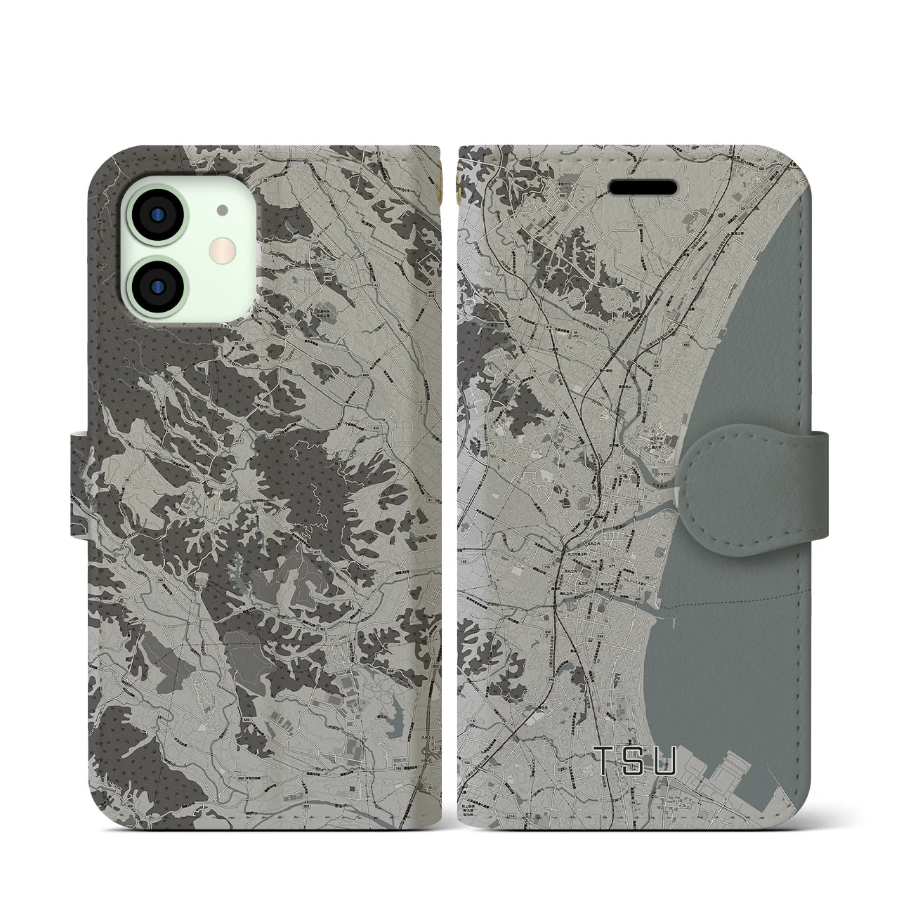 【津(三重県)】地図柄iPhoneケース(手帳タイプ)モノトーン・iPhone 12 mini 用