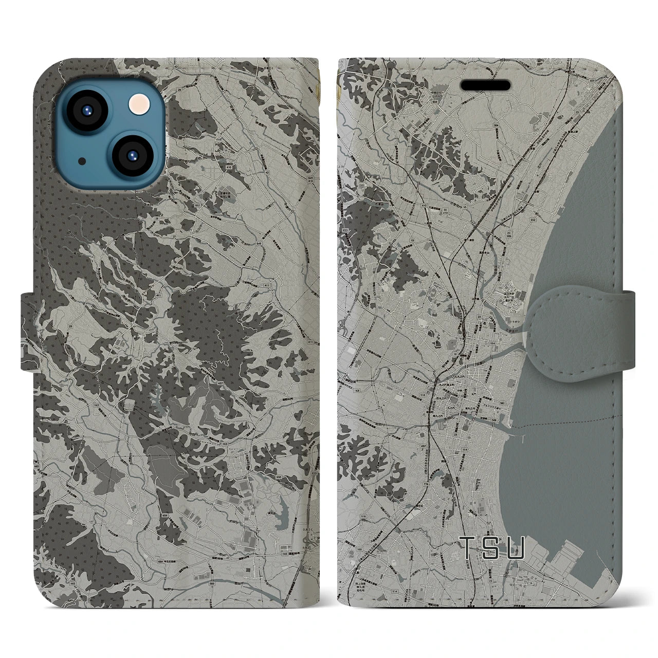 【津(三重県)】地図柄iPhoneケース(手帳タイプ)モノトーン・iPhone 13 用