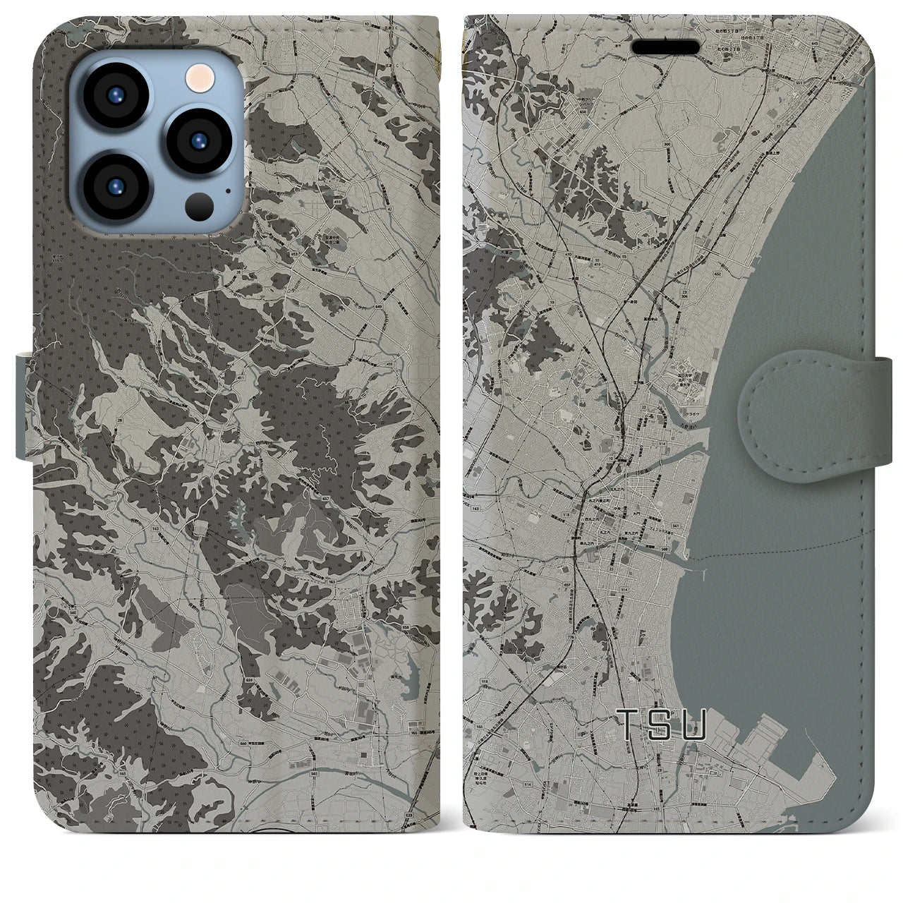 【津(三重県)】地図柄iPhoneケース(手帳タイプ)モノトーン・iPhone 13 Pro Max 用