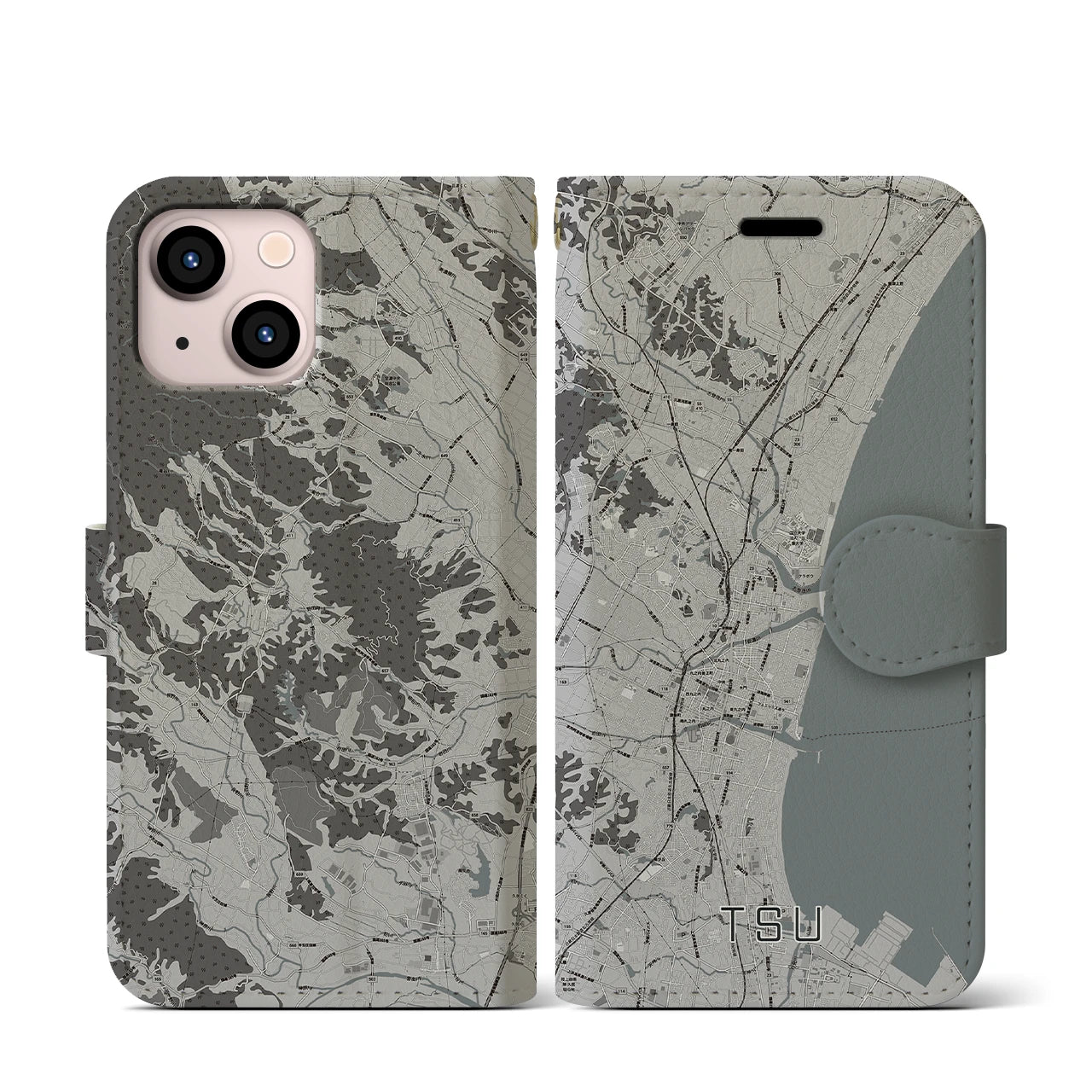 【津(三重県)】地図柄iPhoneケース(手帳タイプ)モノトーン・iPhone 13 mini 用