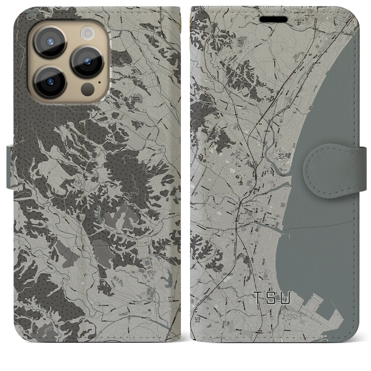【津(三重県)】地図柄iPhoneケース(手帳タイプ)モノトーン・iPhone 14 Pro Max 用