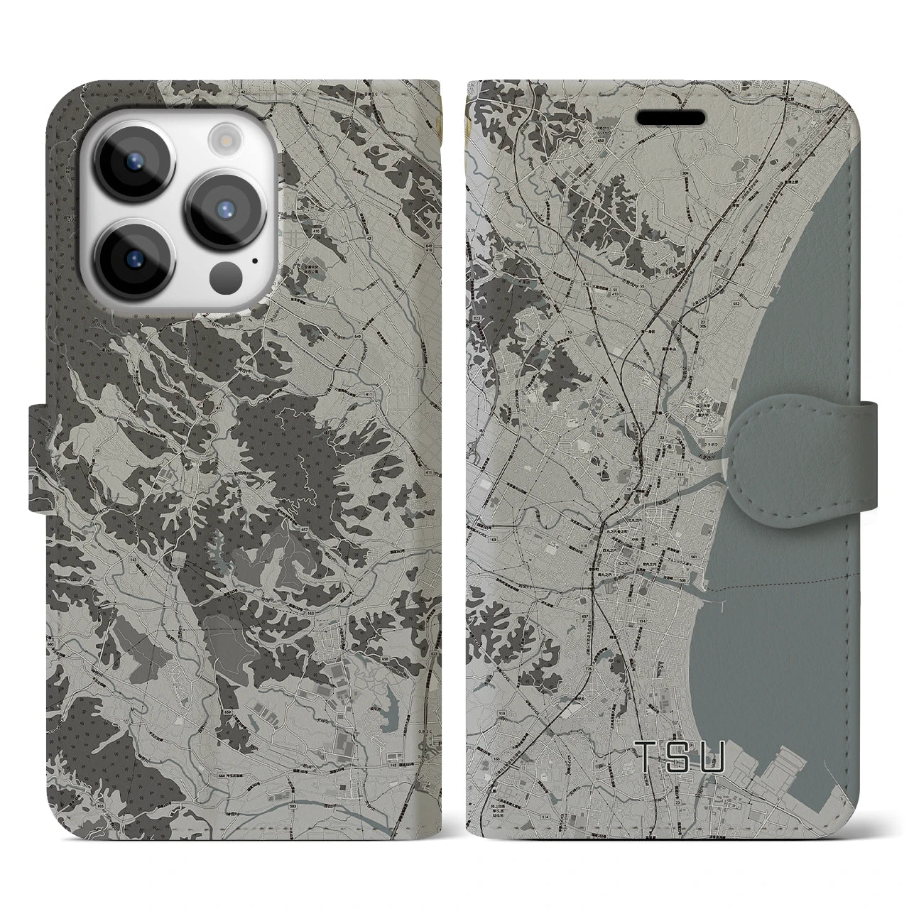 【津(三重県)】地図柄iPhoneケース(手帳タイプ)モノトーン・iPhone 14 Pro 用