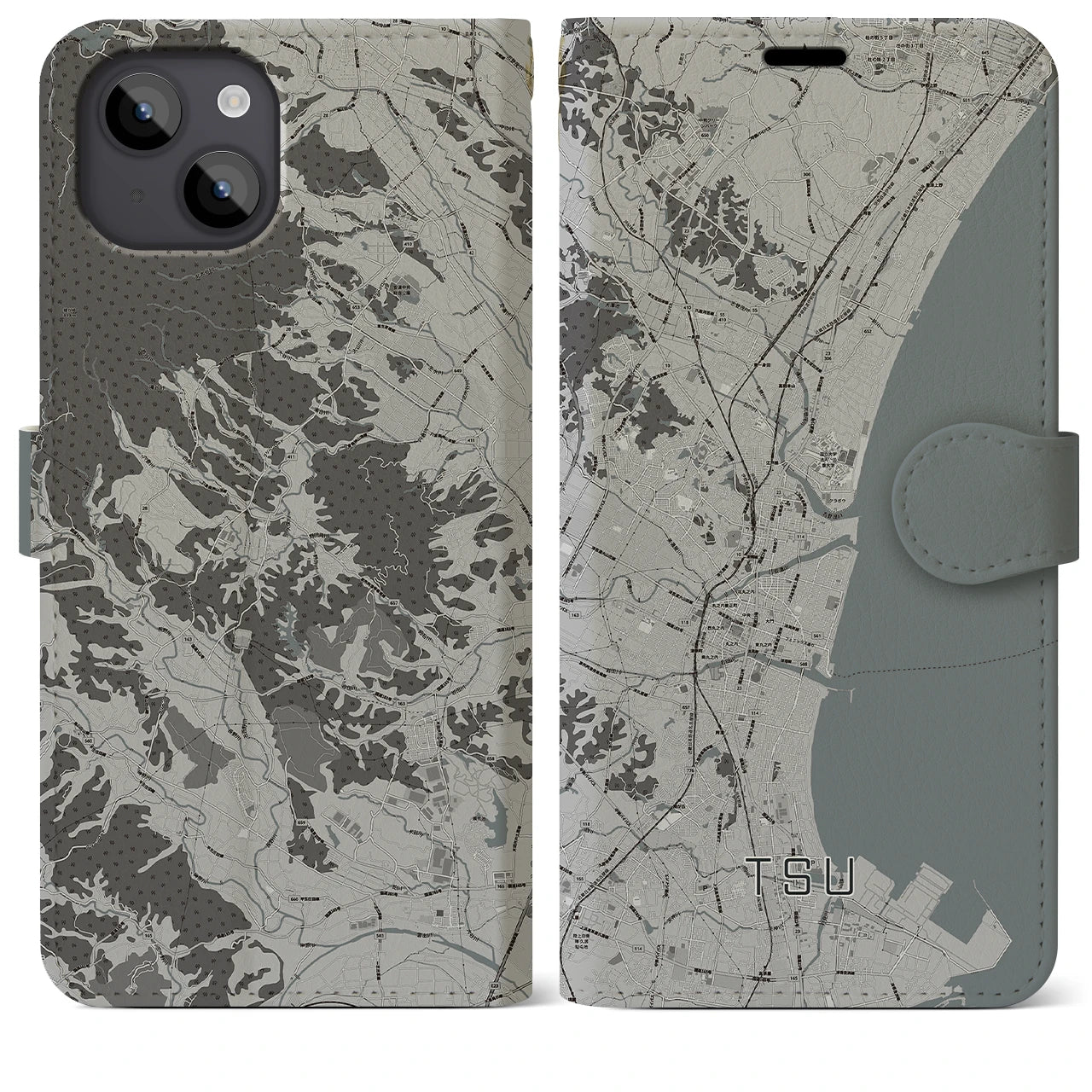 【津(三重県)】地図柄iPhoneケース(手帳タイプ)モノトーン・iPhone 14 Plus 用