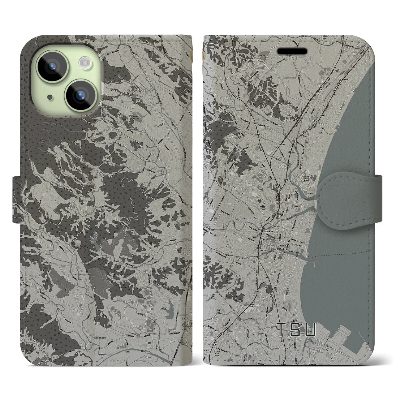 【津(三重県)】地図柄iPhoneケース(手帳タイプ)モノトーン・iPhone 15 用