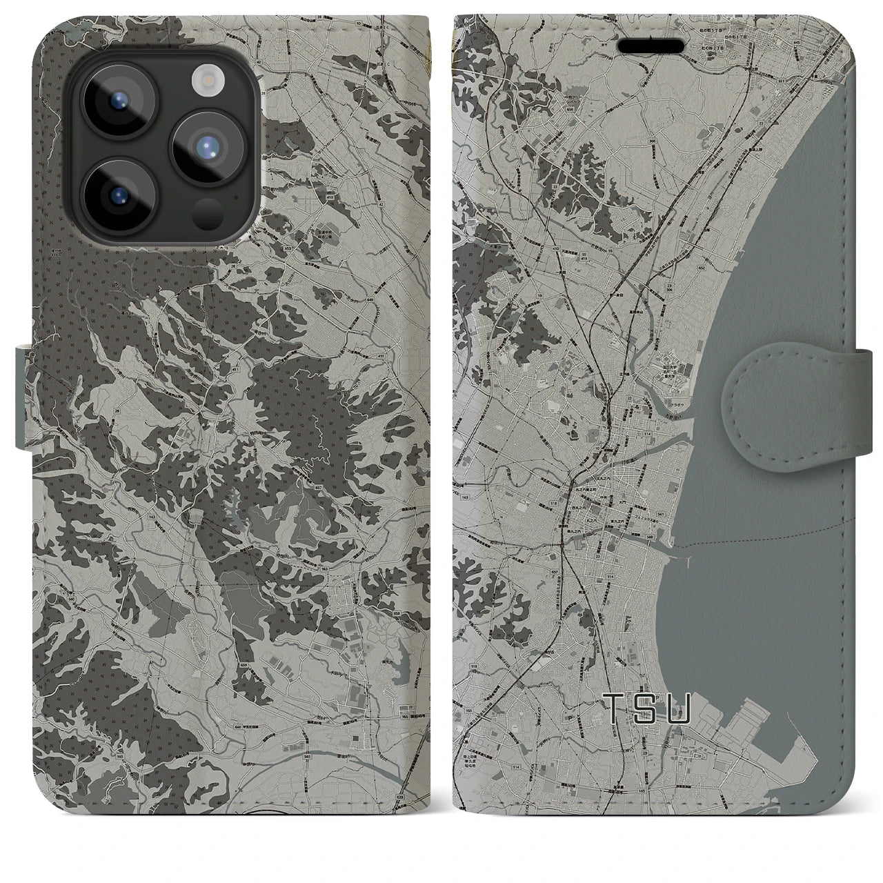 【津(三重県)】地図柄iPhoneケース(手帳タイプ)モノトーン・iPhone 15 Pro Max 用