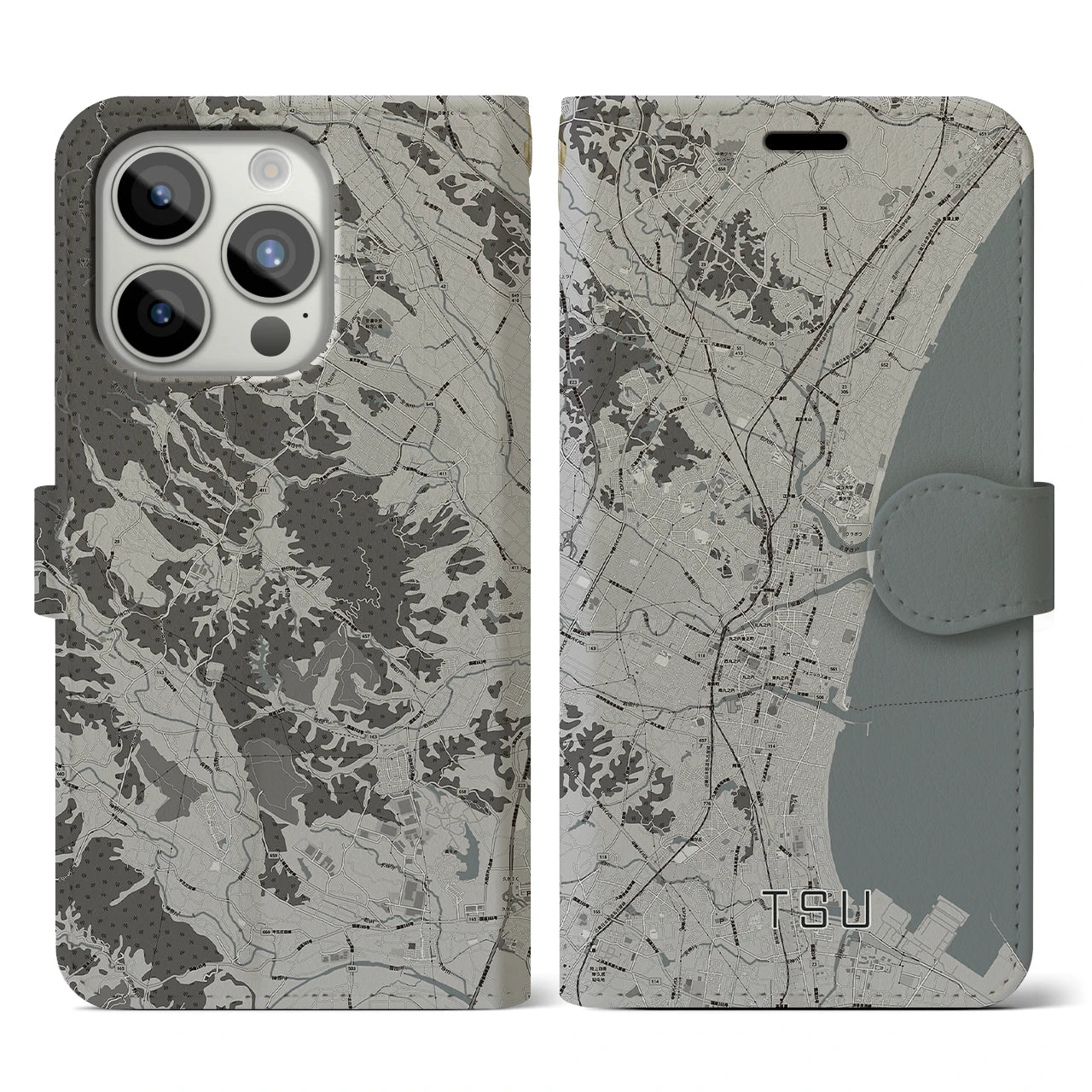 【津(三重県)】地図柄iPhoneケース(手帳タイプ)モノトーン・iPhone 15 Pro 用