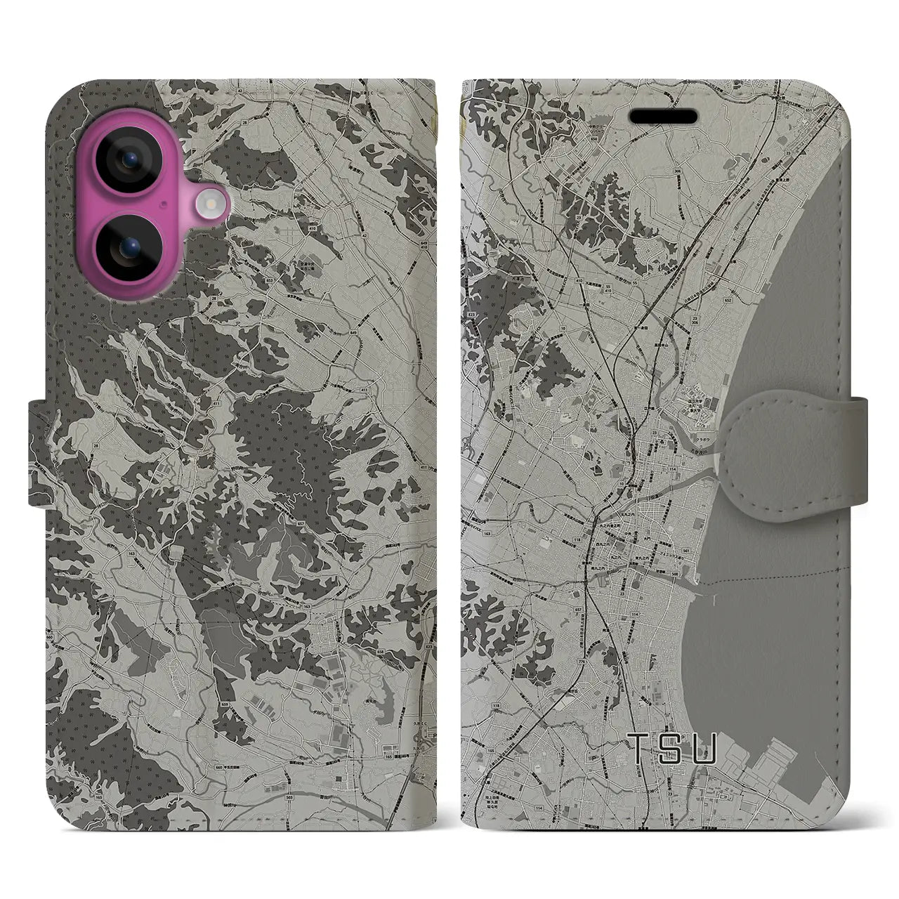 【津(三重県)】地図柄iPhoneケース(手帳タイプ)モノトーン・iPhone 16 Pro 用