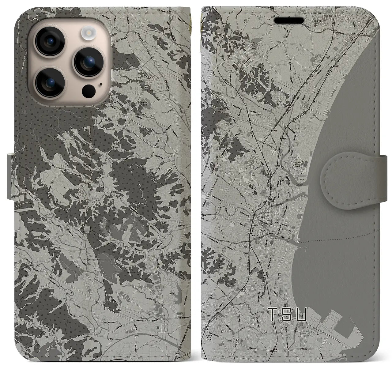 【津(三重県)】地図柄iPhoneケース(手帳タイプ)モノトーン・iPhone 16 Plus 用
