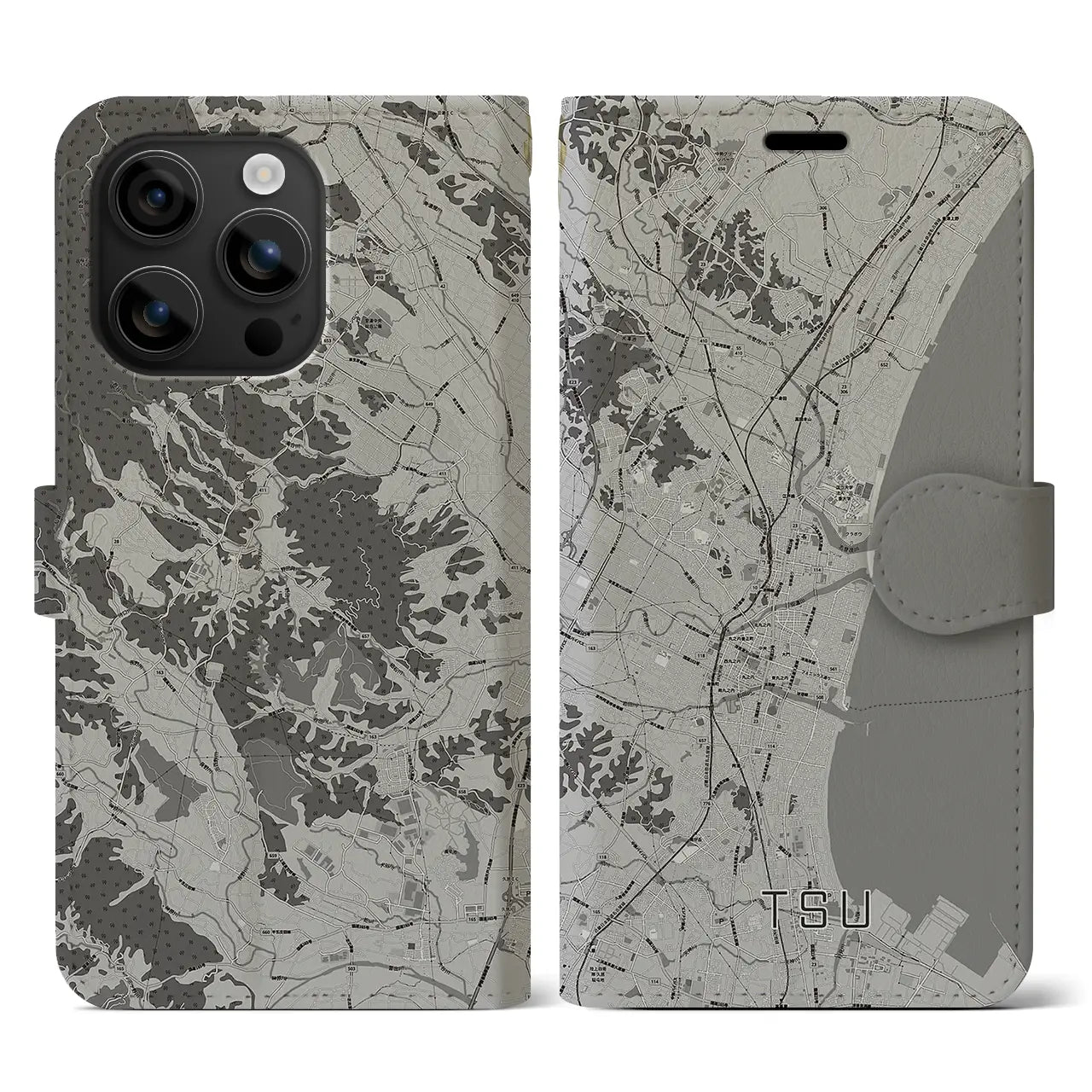 【津(三重県)】地図柄iPhoneケース(手帳タイプ)モノトーン・iPhone 16 用