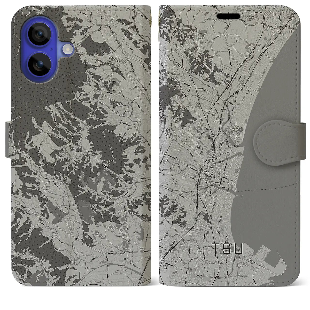 【津(三重県)】地図柄iPhoneケース(手帳タイプ)モノトーン・iPhone 16 Pro Max 用