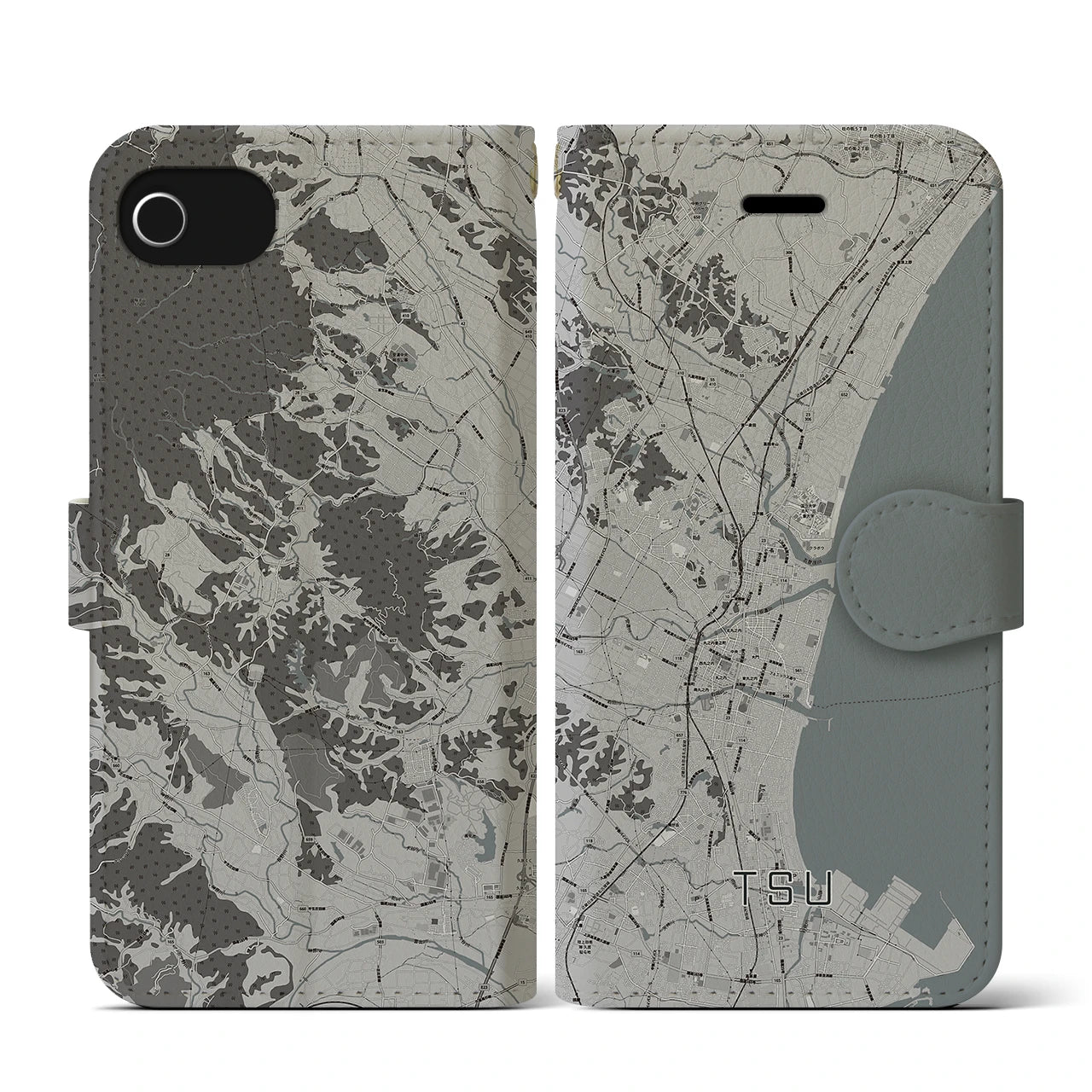 【津(三重県)】地図柄iPhoneケース(手帳タイプ)モノトーン・iPhone SE(第3 / 第2世代) / 8 / 7 / 6s / 6 用