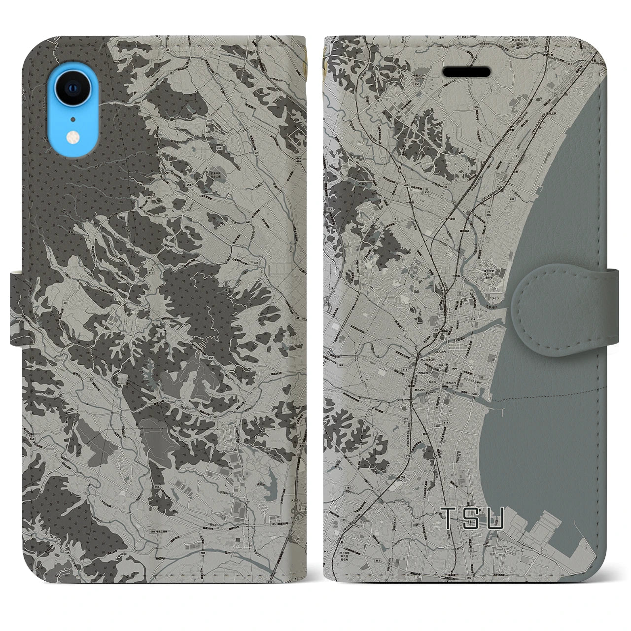 【津(三重県)】地図柄iPhoneケース(手帳タイプ)モノトーン・iPhone XR 用