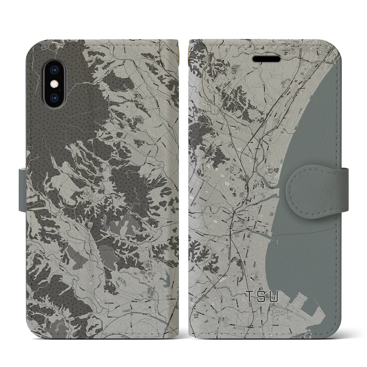 【津(三重県)】地図柄iPhoneケース(手帳タイプ)モノトーン・iPhone XS / X 用