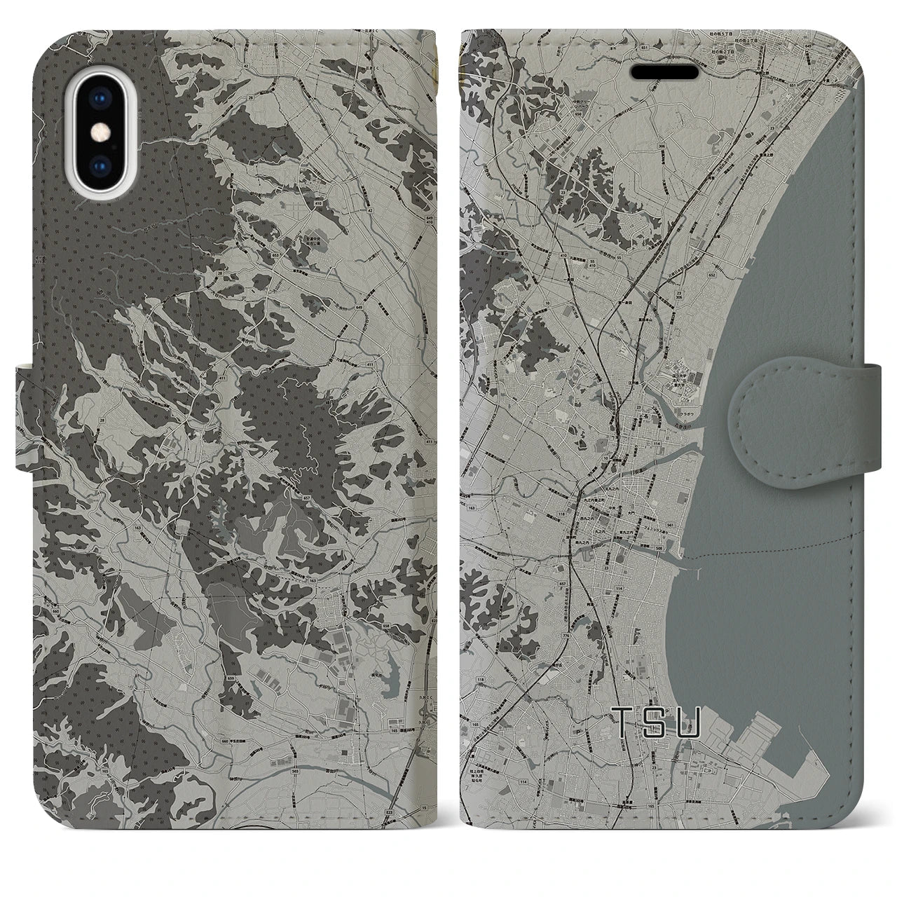【津(三重県)】地図柄iPhoneケース(手帳タイプ)モノトーン・iPhone XS Max 用