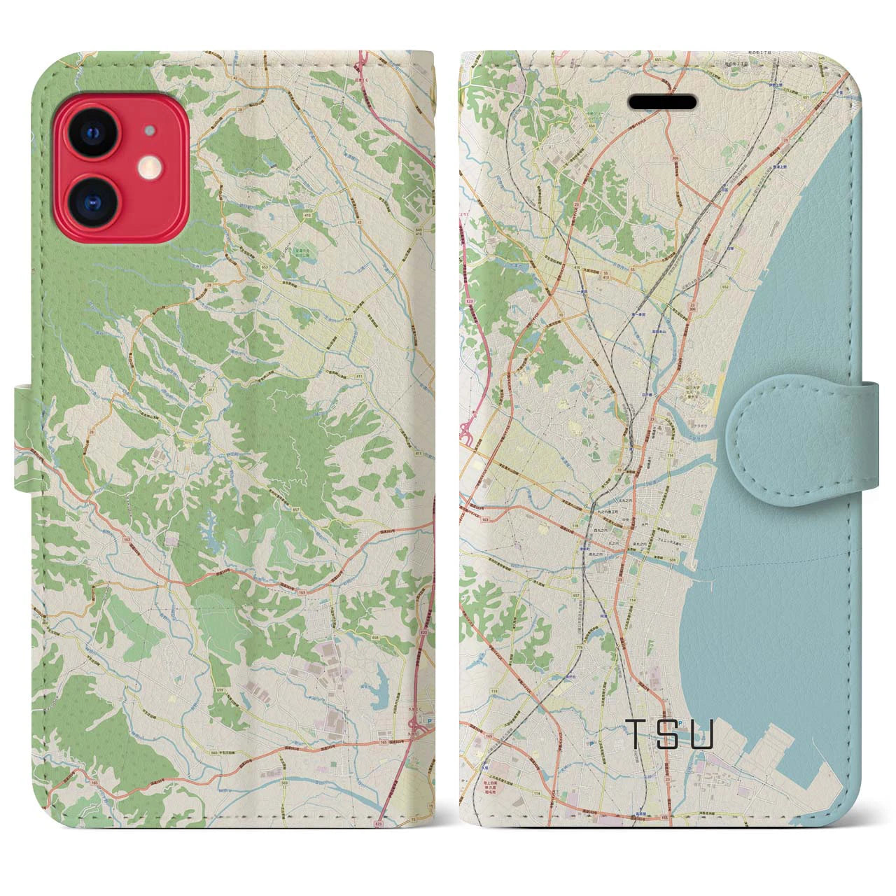【津(三重県)】地図柄iPhoneケース(手帳タイプ)ナチュラル・iPhone 11 用
